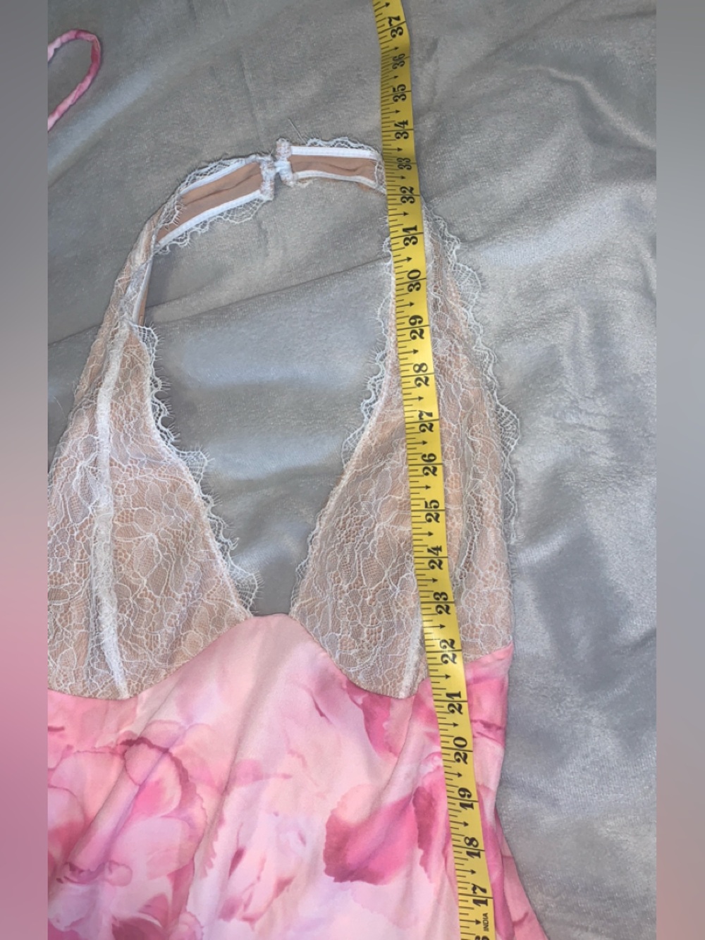 White Fox pink meadow Pink Floral babydoll halter mini dress white Lace bust M - Picture 4 of 6
